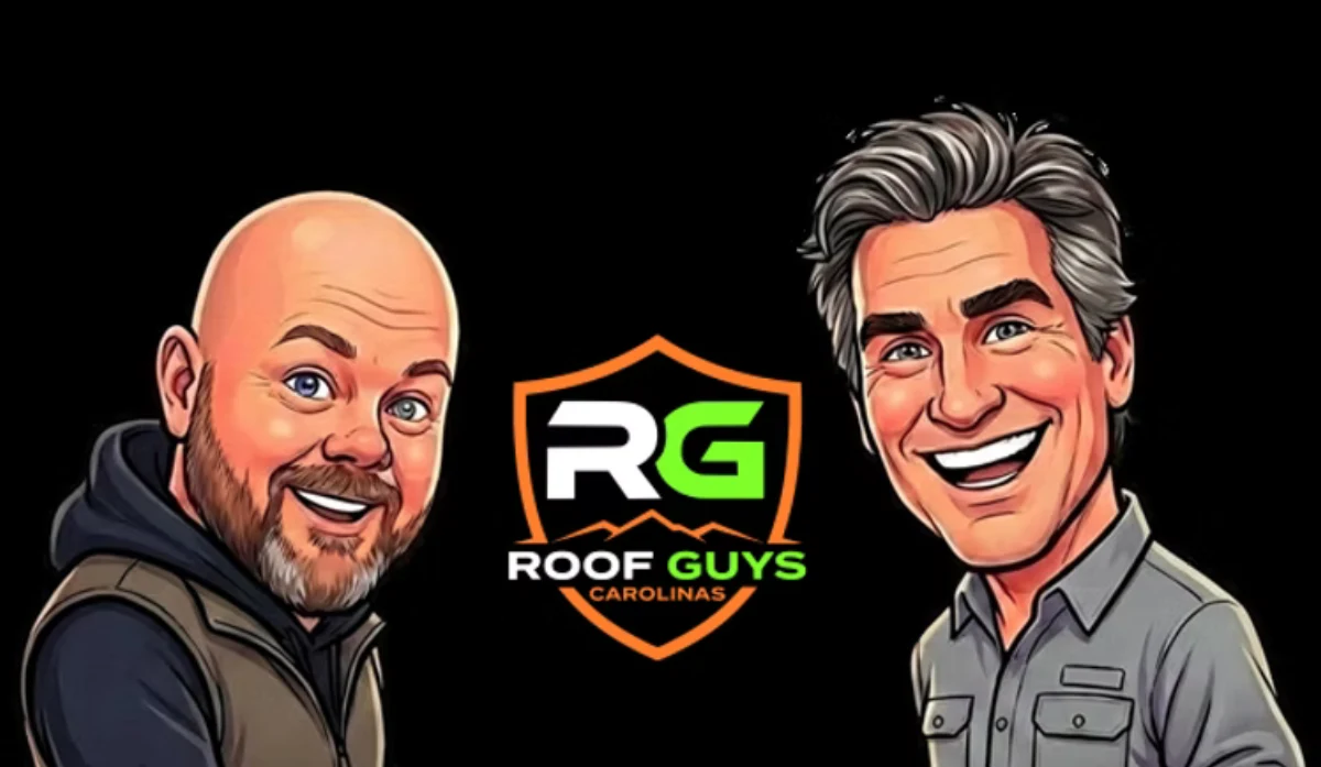 The Roof Guys Carolinas team — caricature illustration of the owner and crew with the RG shield logo